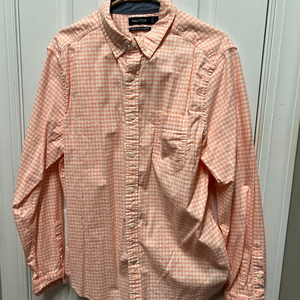 Nautica Men's Peach and White Gingham Dress Shirt